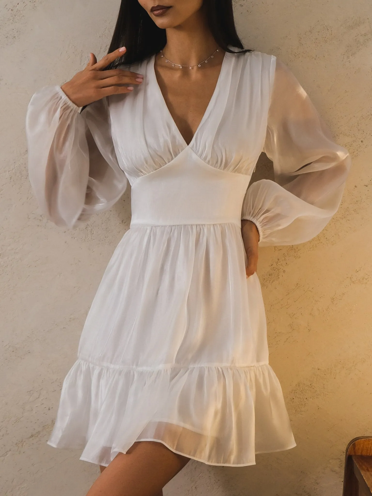 Back to School Lichi Dress  New Summer Light Ruffled Chiffon Mini Dress V-Neck Premium Dress Airy Puffed Sleeve Flared Hem Party Dresses