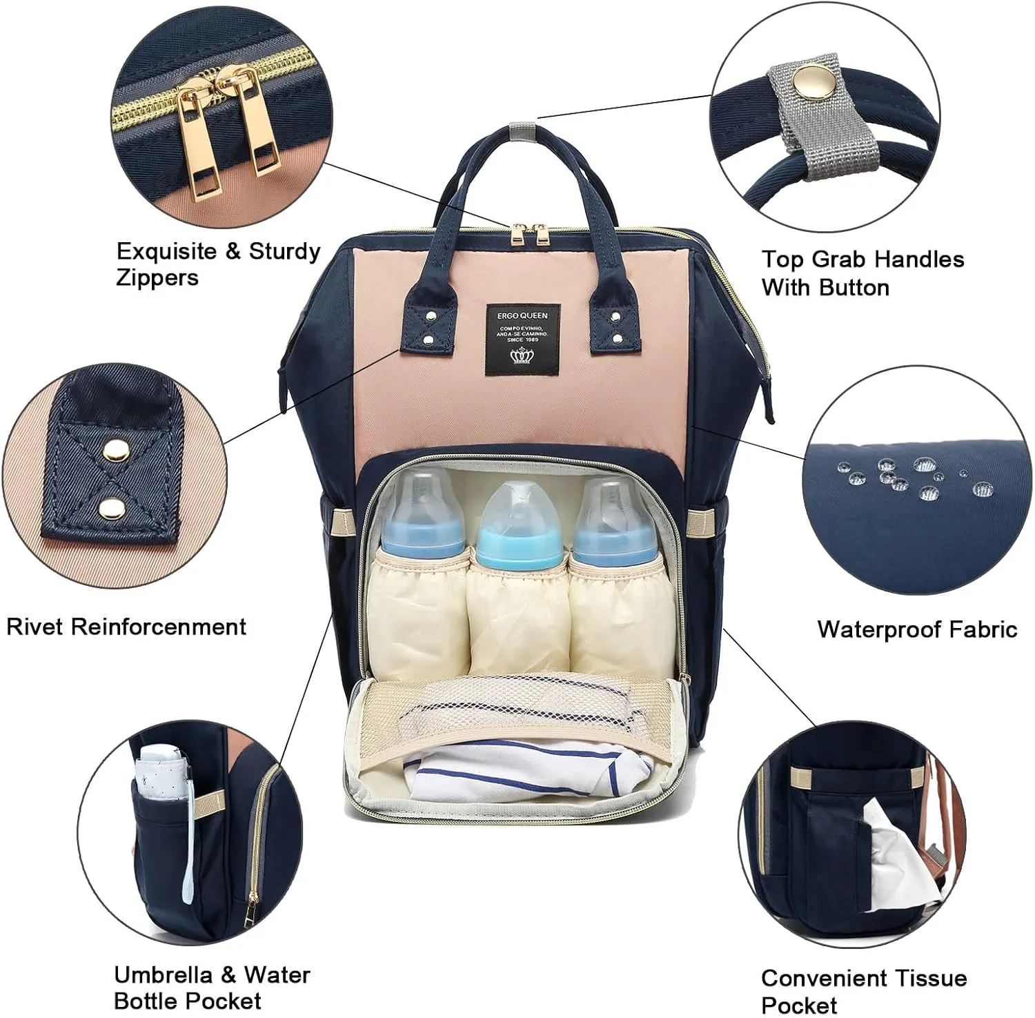 Backpack Diaper Bag with Changing Station, Multi function Boys Girls Baby Backpack for Mom Dad, Unisex Travel Essentials Tote, Waterproof Wet Dry Bags, Baby Nursing Organizer Pouches, Navy