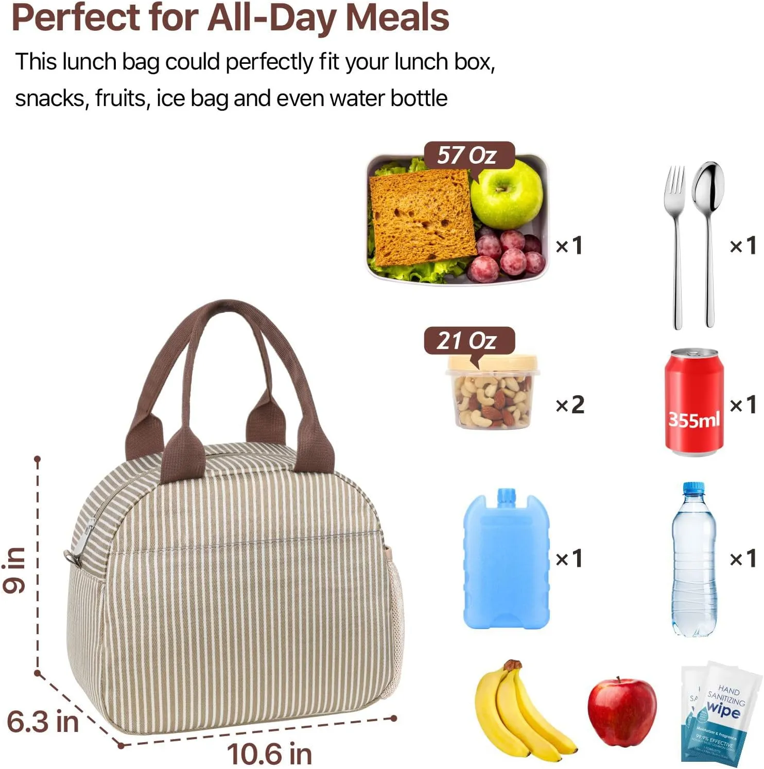 Bagseri Insulated Lunch Bag Women - Reusable Leakproof Thermal Cooler Sack Food Handbags Case High Capacity for Work and Picnic (Khaki White Stripe)