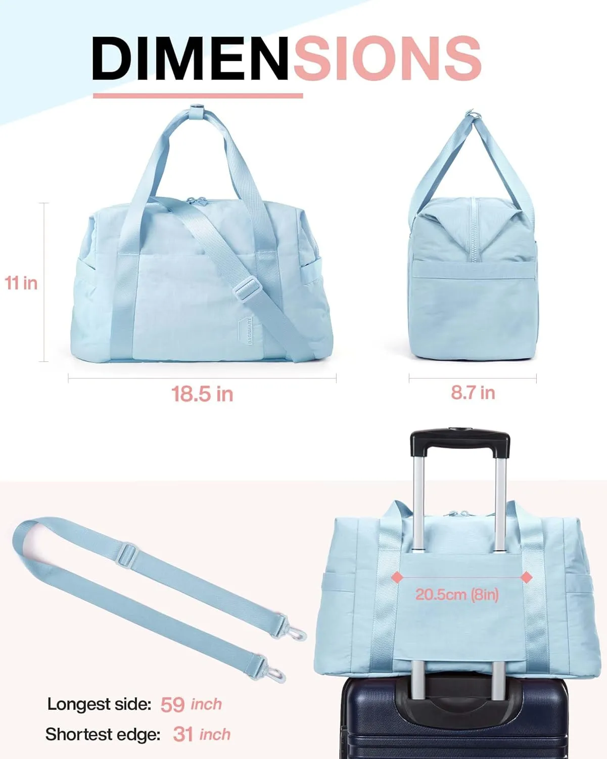 BAGSMART BAGSMART Gym Bag for Women, Carry on Weekender Overnight Bag, Travel Duffel Bags with Trolley Sleeve, Personal Item Travel Bag Tote Bag Workout Dance Bag(Light Blue,Medium)