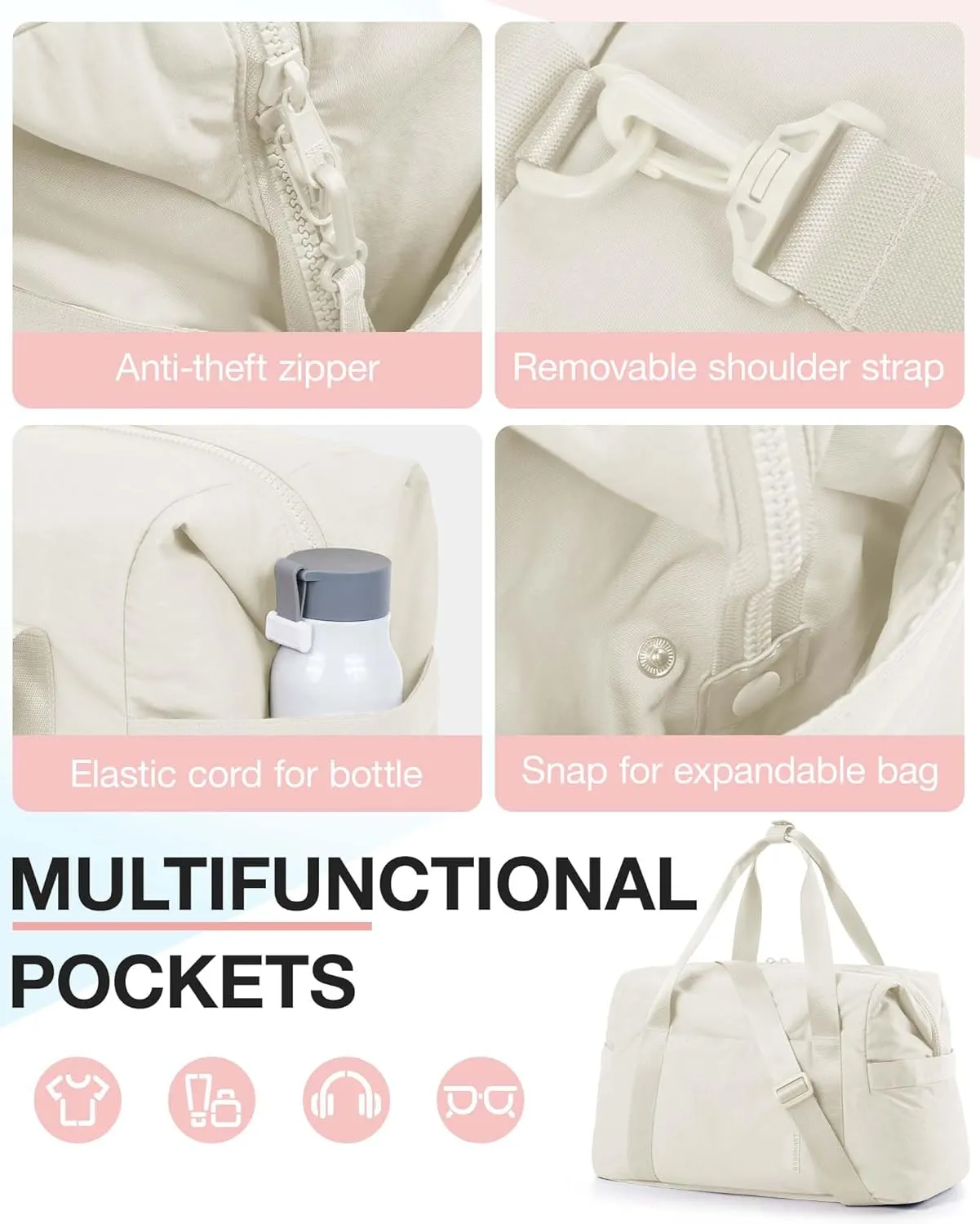 BAGSMART Gym Bag for Women, Carry On Weekender Overnight Bag, Travel Duffel with Trolley Sleeve, Personal Item Travel Bag Tote Workout Dance Bag (Light Beige, Large)