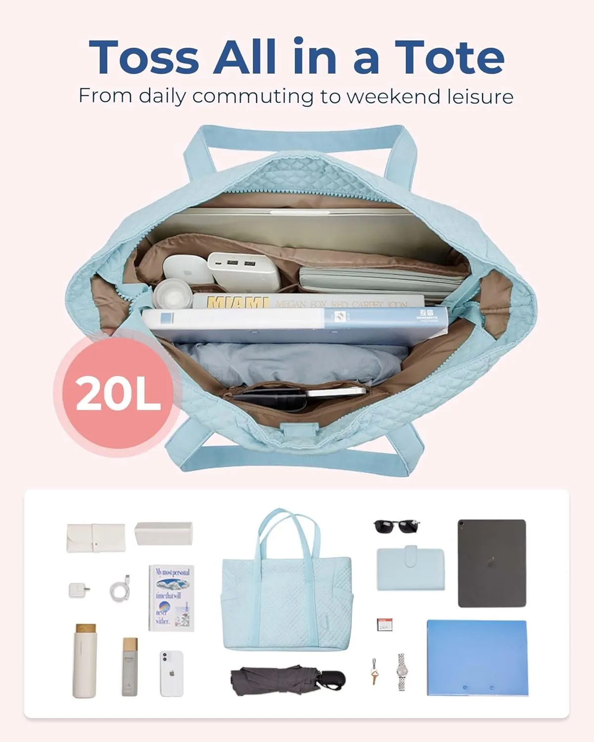BAGSMART Large Tote Bag For Women, Travel Shoulder Bag Top Handle Handbag with Yoga Mat Buckle for Gym, Work, Travel
