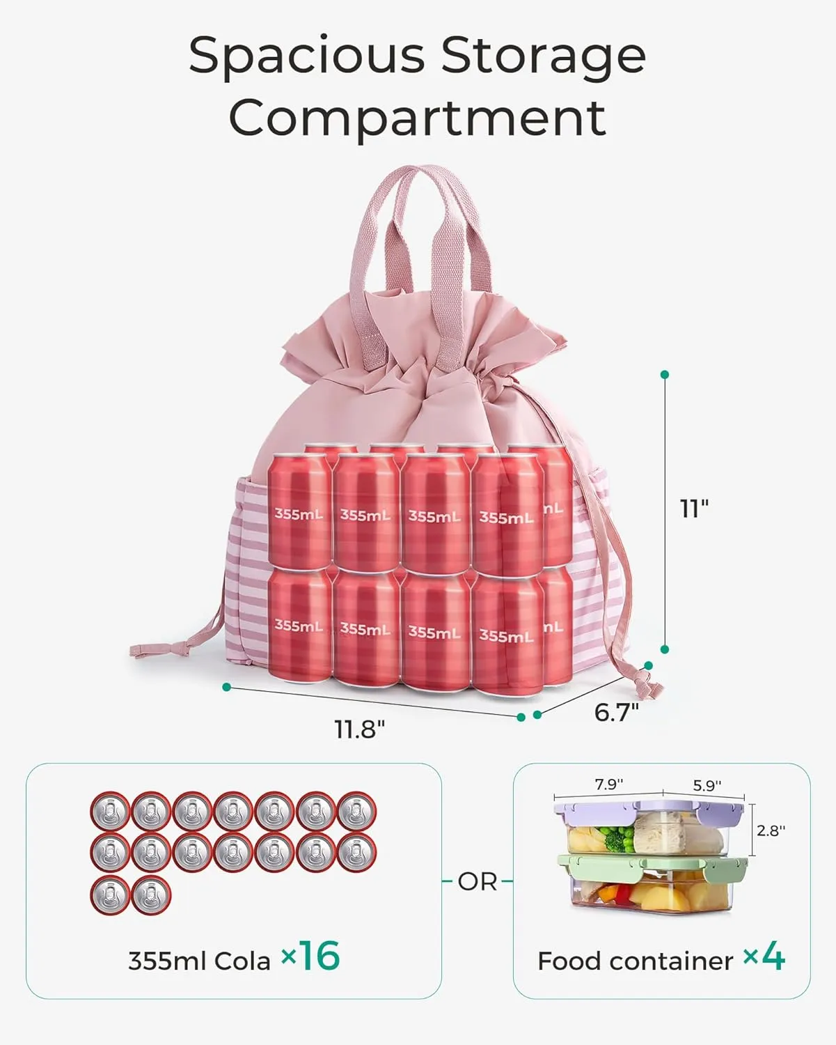 BAGSMART Lunch Bag Women Cute Lunch Box Drawstring Tote Cooler with Multi-Pockets Cinch Closure Insulated Tote for Work, Office, Outdoors