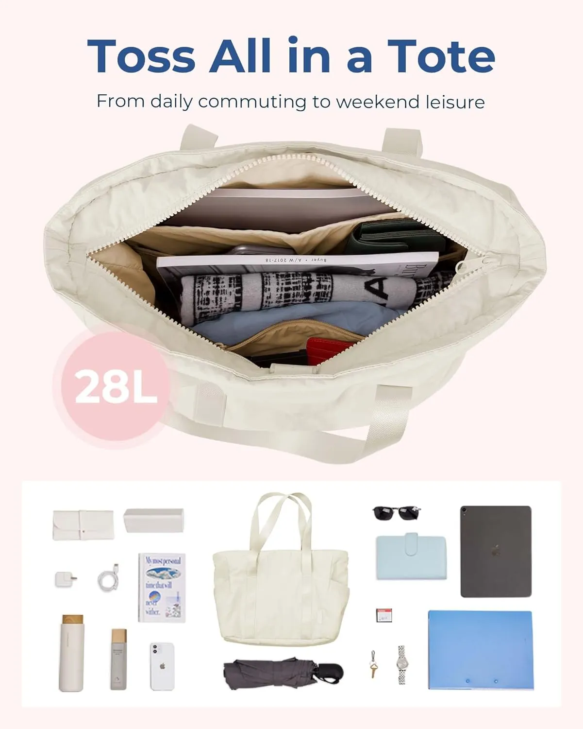 BAGSMART Tote Bag for Women with Zipper, Gym Tote with Compartments, Work Tote Nurse Dance Yoga Bag for Sport, Travel
