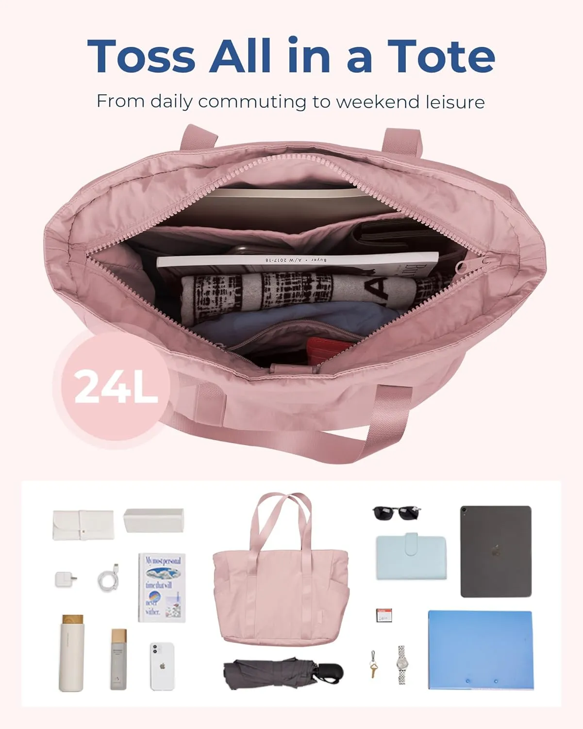 BAGSMART Tote Bag for Women with Zipper, Gym Tote with Compartments, Work Tote Nurse Dance Yoga Bag for Sport, Travel