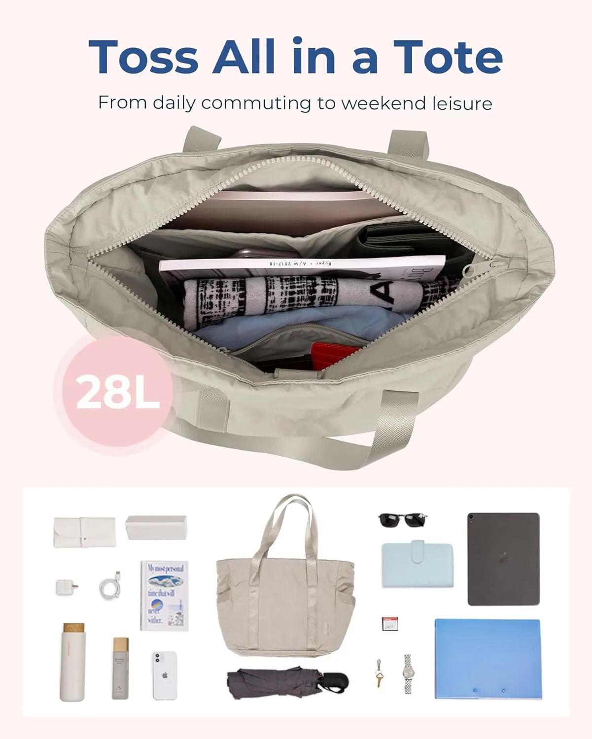 BAGSMART Tote Bag for Women with Zipper, Gym Tote with Compartments, Work Tote Nurse Dance Yoga Bag for Sport, Travel