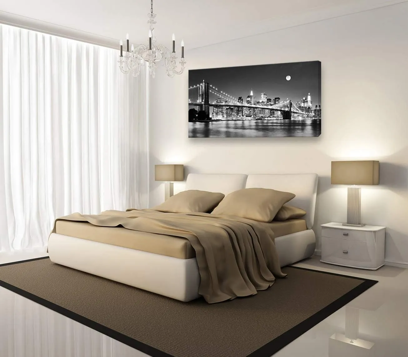 Baisuart-Q30362 Brooklyn Bridge Night View 1 Panels Landscape Artwork Canvas Prints Moon Night New York City Scene Picture Paintings Black and white Wall Art for Oiffce Home Decorations Wall Decor