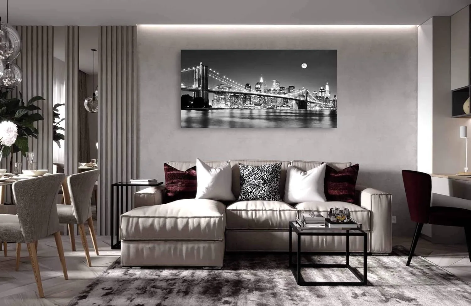 Baisuart-Q30362 Brooklyn Bridge Night View 1 Panels Landscape Artwork Canvas Prints Moon Night New York City Scene Picture Paintings Black and white Wall Art for Oiffce Home Decorations Wall Decor