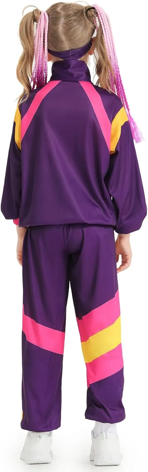 BAKUGOU Girls 80s Tracksuit Costume Set ColorBlock 2 Piece Windbreaker Suit Kids Hip Hop Dance Tracksuit Retro Shell Suit