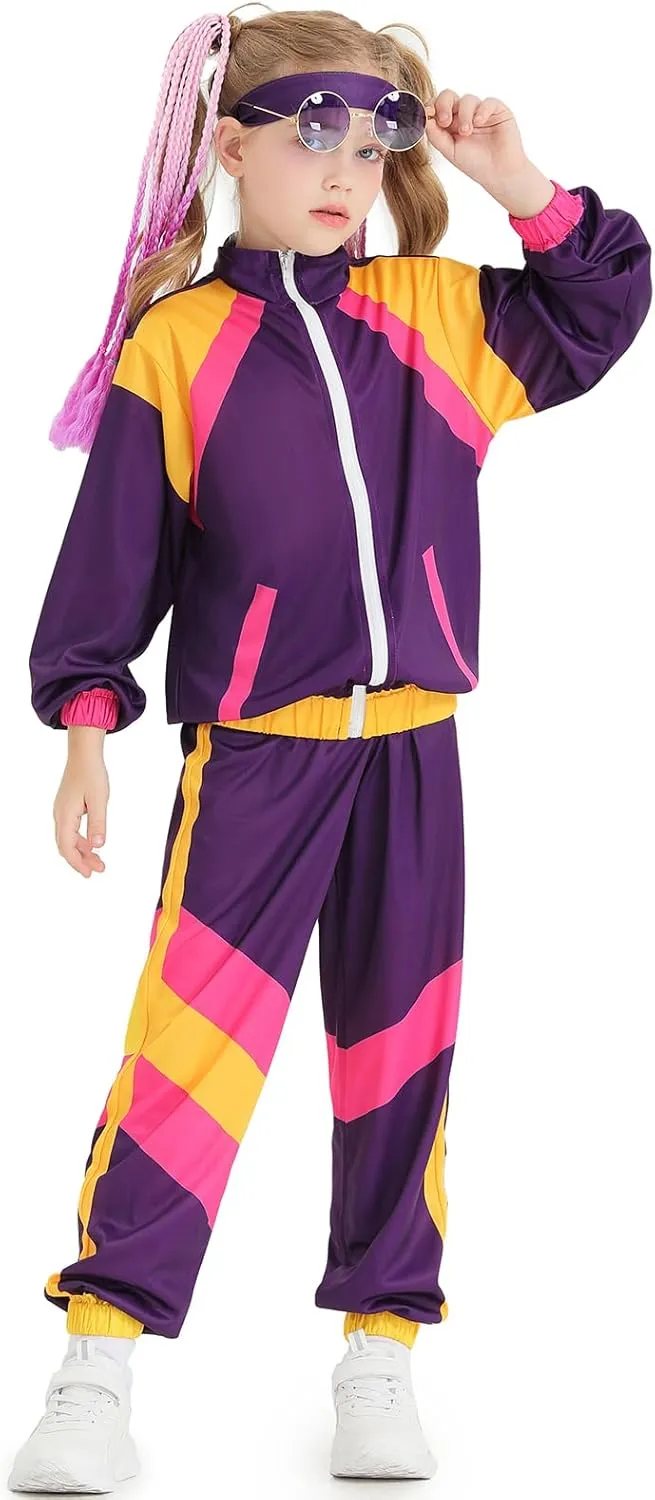 BAKUGOU Girls 80s Tracksuit Costume Set ColorBlock 2 Piece Windbreaker Suit Kids Hip Hop Dance Tracksuit Retro Shell Suit