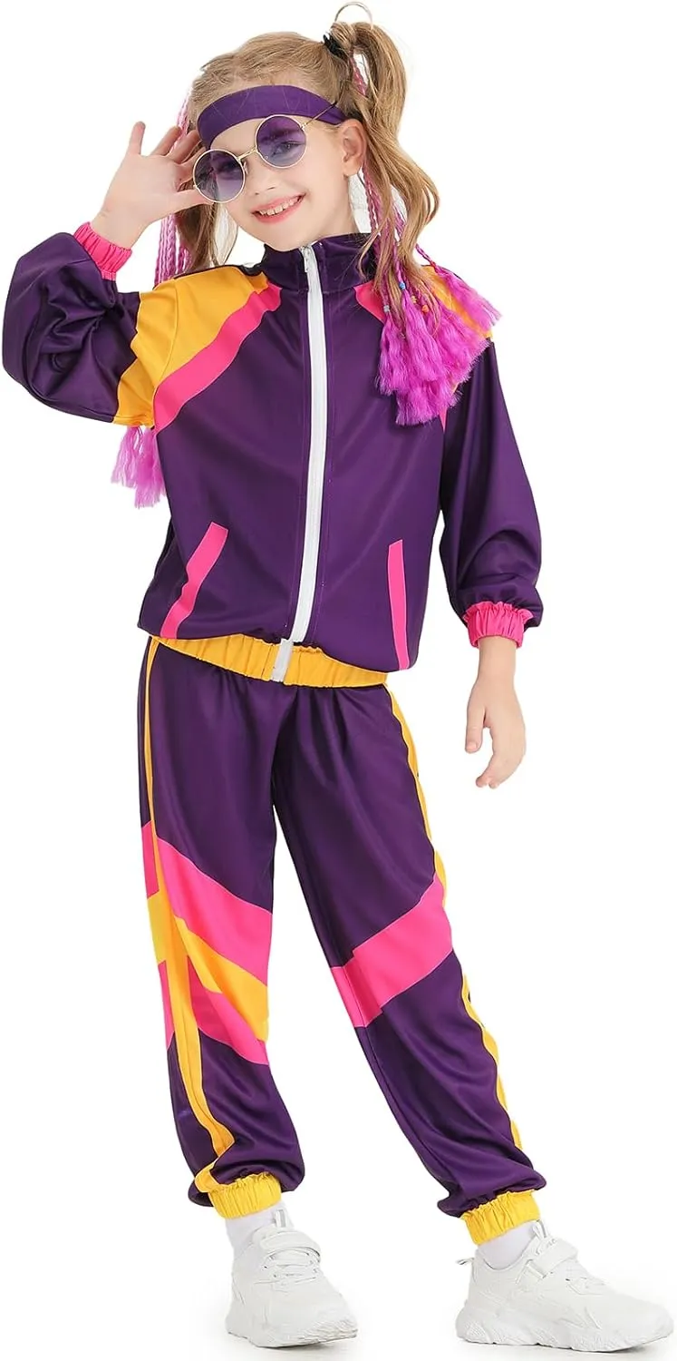 BAKUGOU Girls 80s Tracksuit Costume Set ColorBlock 2 Piece Windbreaker Suit Kids Hip Hop Dance Tracksuit Retro Shell Suit