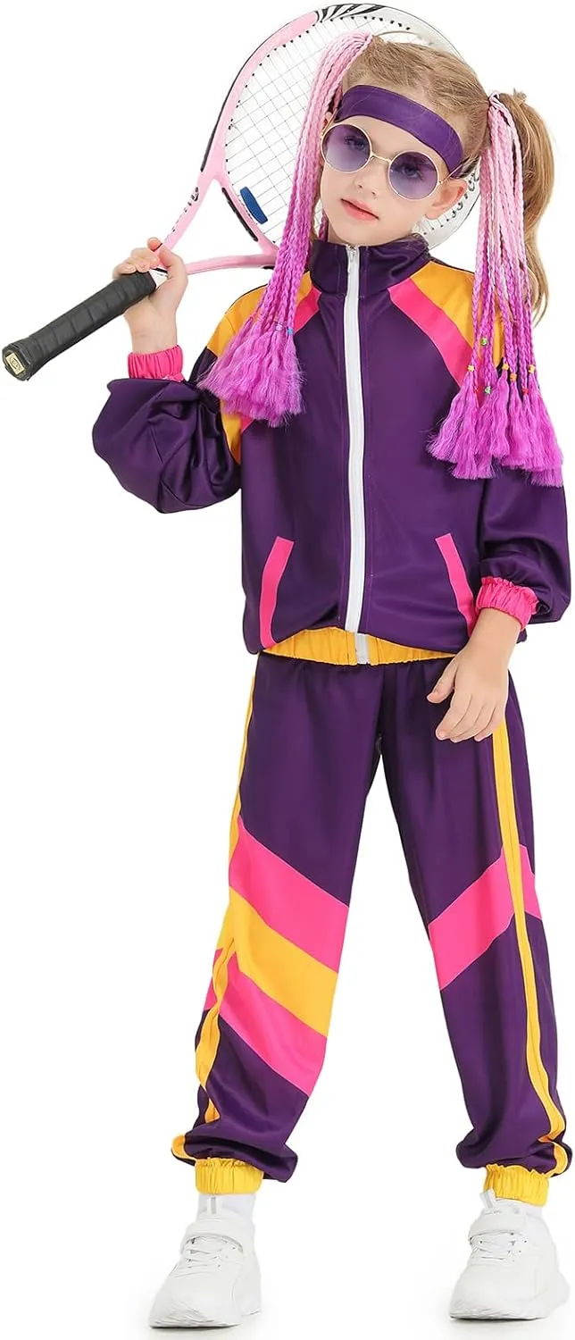 BAKUGOU Girls 80s Tracksuit Costume Set ColorBlock 2 Piece Windbreaker Suit Kids Hip Hop Dance Tracksuit Retro Shell Suit