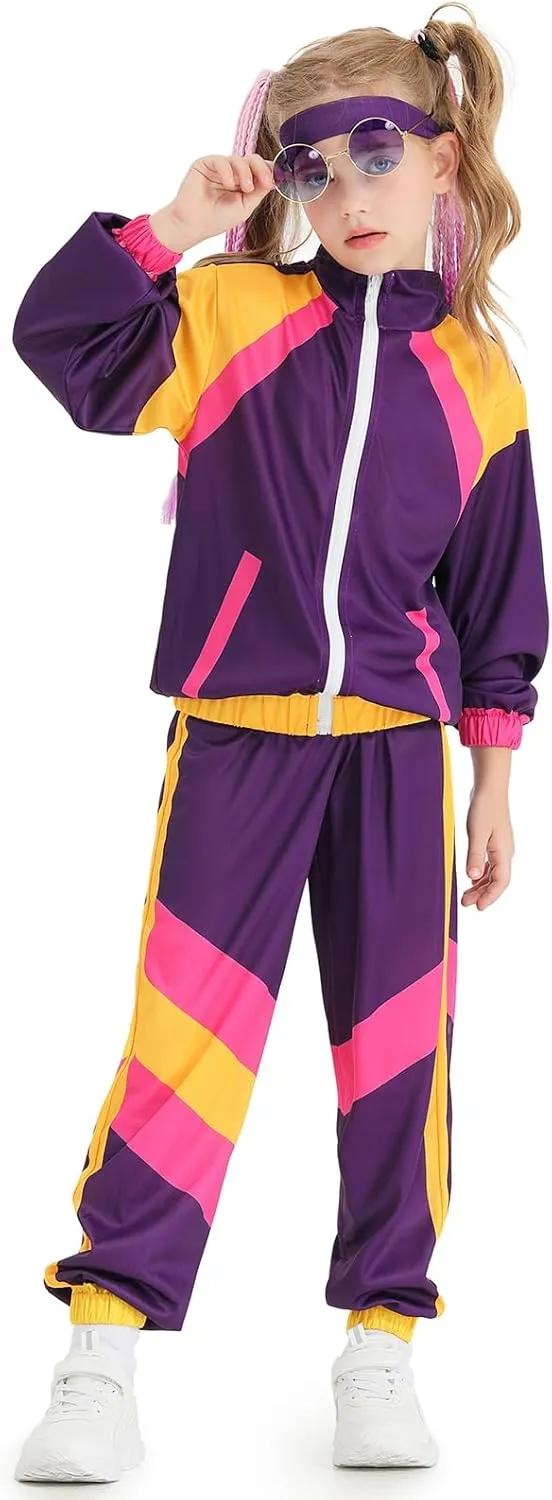 BAKUGOU Girls 80s Tracksuit Costume Set ColorBlock 2 Piece Windbreaker Suit Kids Hip Hop Dance Tracksuit Retro Shell Suit