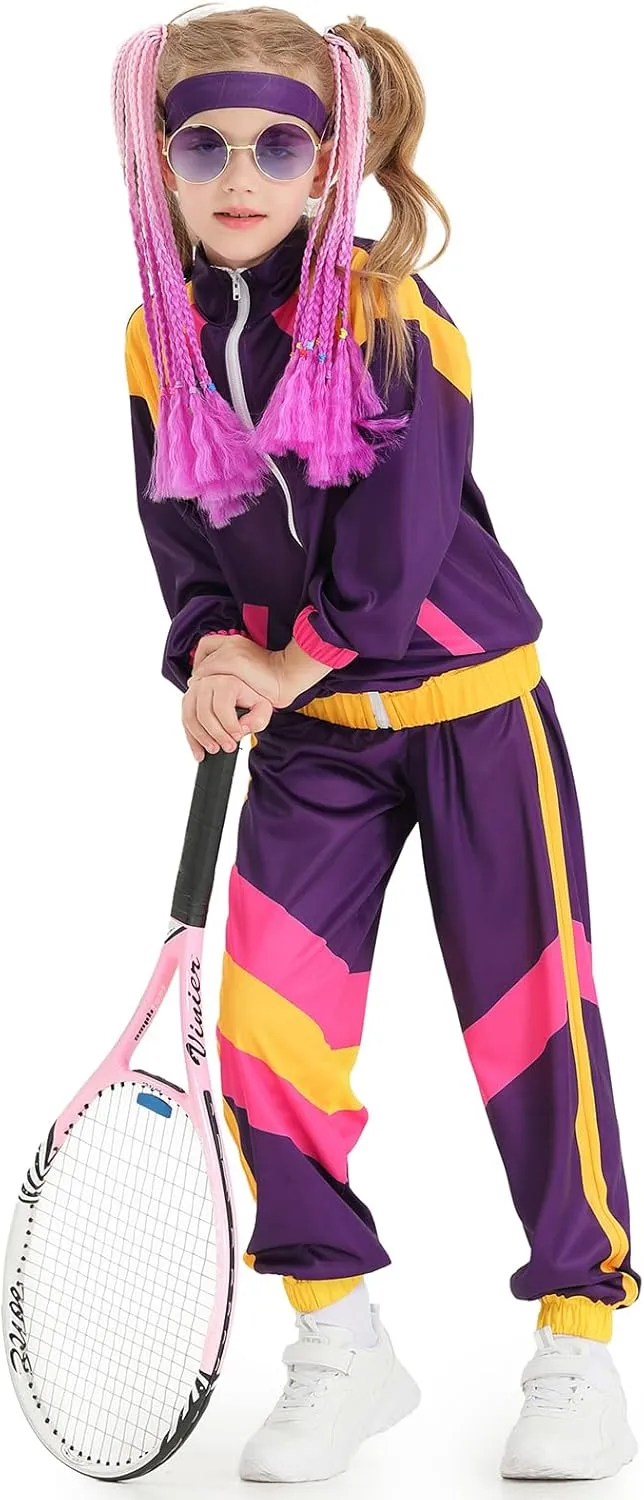 BAKUGOU Girls 80s Tracksuit Costume Set ColorBlock 2 Piece Windbreaker Suit Kids Hip Hop Dance Tracksuit Retro Shell Suit