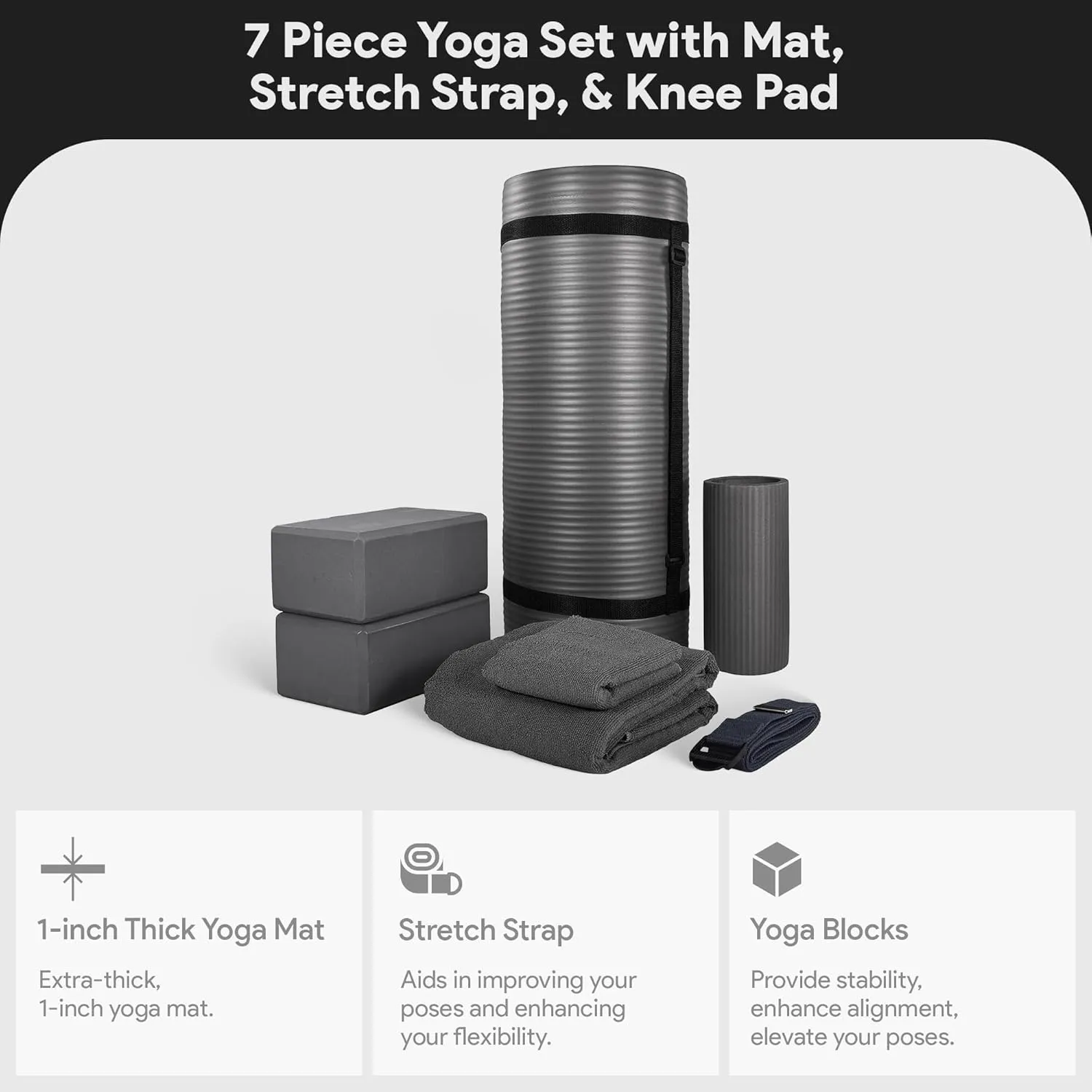 BalanceFrom 7-Piece Set - Include Yoga Mat with Carrying Strap, 2 Yoga Blocks, Yoga Mat Towel, Yoga Hand Towel, Yoga Strap and Yoga Knee Pad, Multiple Colors