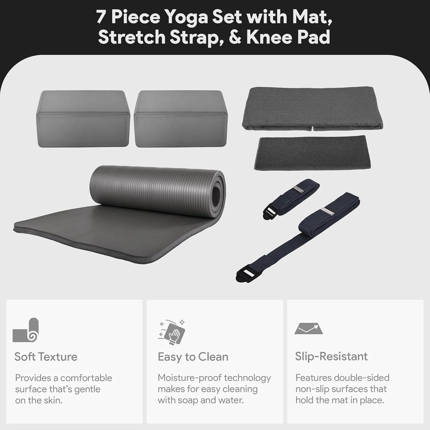 BalanceFrom 7-Piece Set - Include Yoga Mat with Carrying Strap, 2 Yoga Blocks, Yoga Mat Towel, Yoga Hand Towel, Yoga Strap and Yoga Knee Pad, Multiple Colors