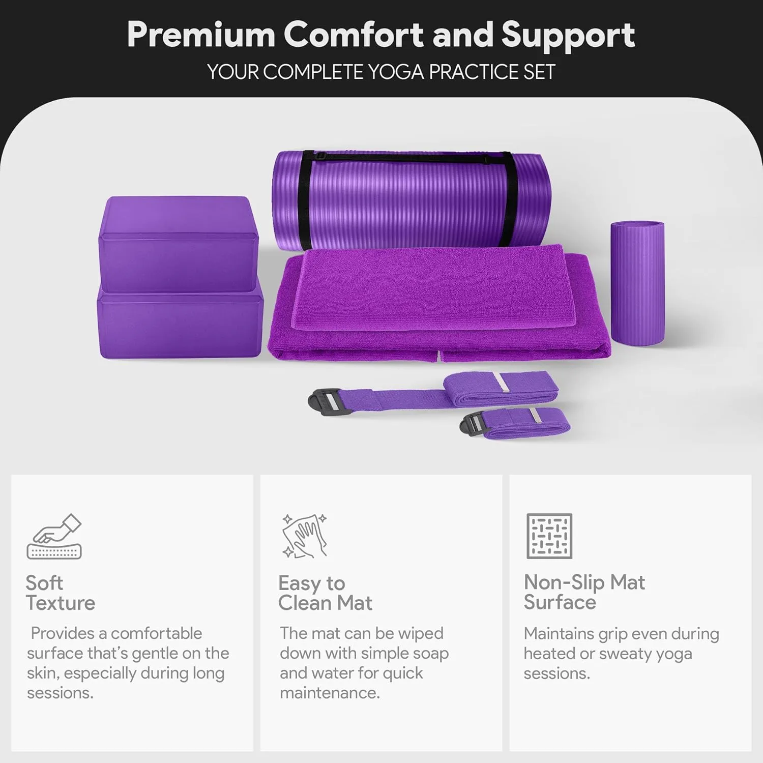 BalanceFrom Fitness 7-Piece Home Gym Yoga Set with 1-Inch Thick Yoga Mat, 2 Yoga Blocks, Mat Towel, Hand Towel, Stretch Strap & Knee Pad, Blue