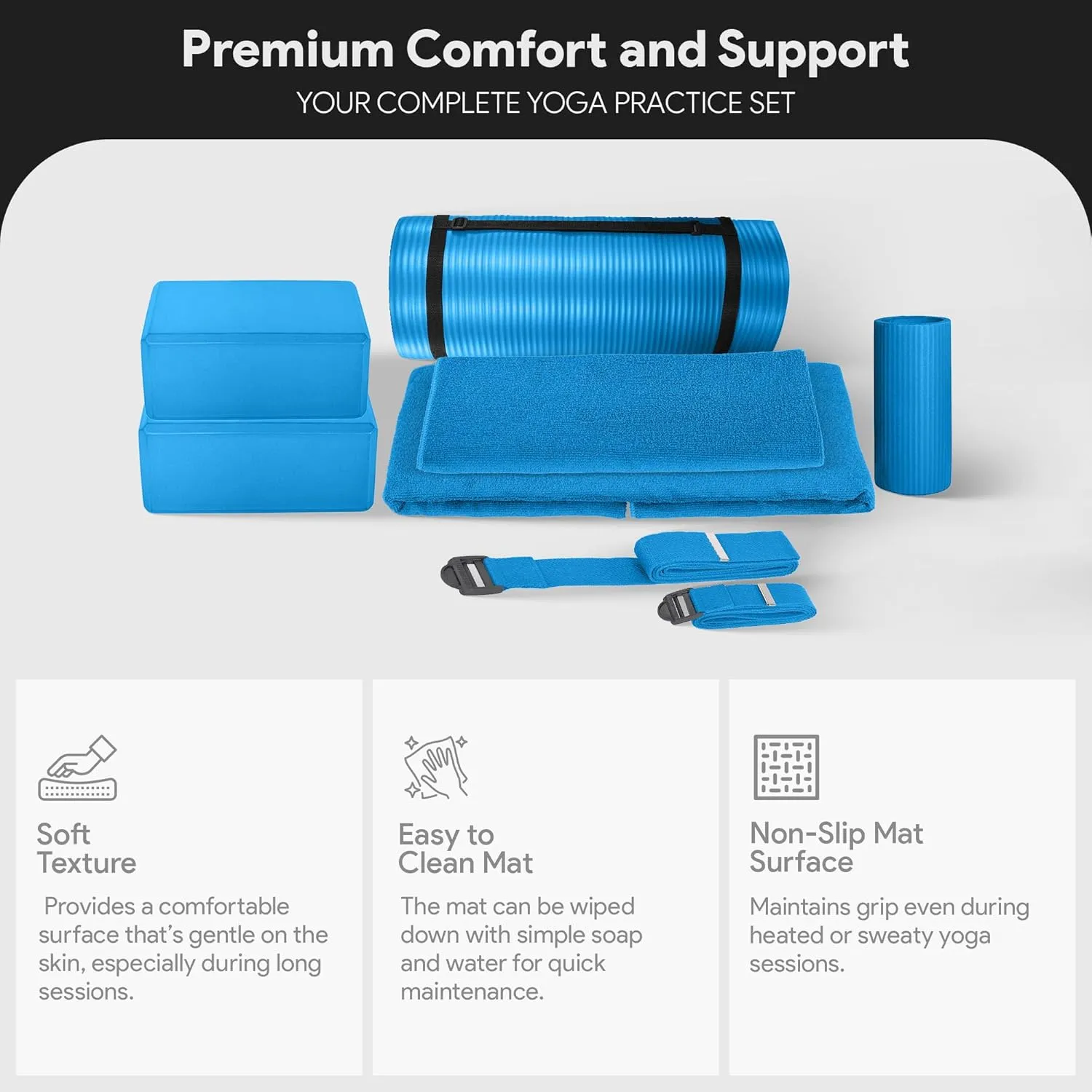 BalanceFrom Fitness 7-Piece Home Gym Yoga Set with 1-Inch Thick Yoga Mat, 2 Yoga Blocks, Mat Towel, Hand Towel, Stretch Strap & Knee Pad, Blue