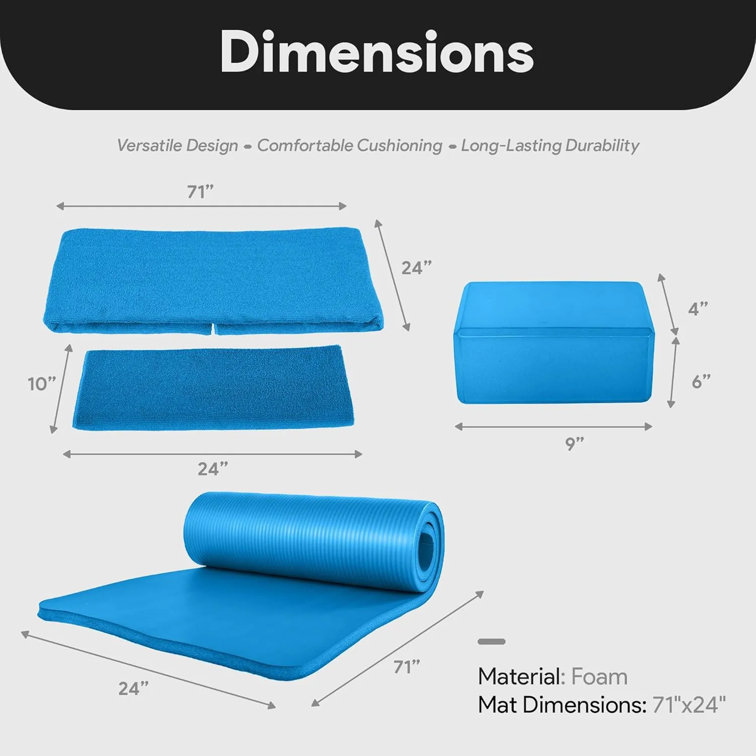 BalanceFrom Fitness 7-Piece Home Gym Yoga Set with 1-Inch Thick Yoga Mat, 2 Yoga Blocks, Mat Towel, Hand Towel, Stretch Strap & Knee Pad, Blue