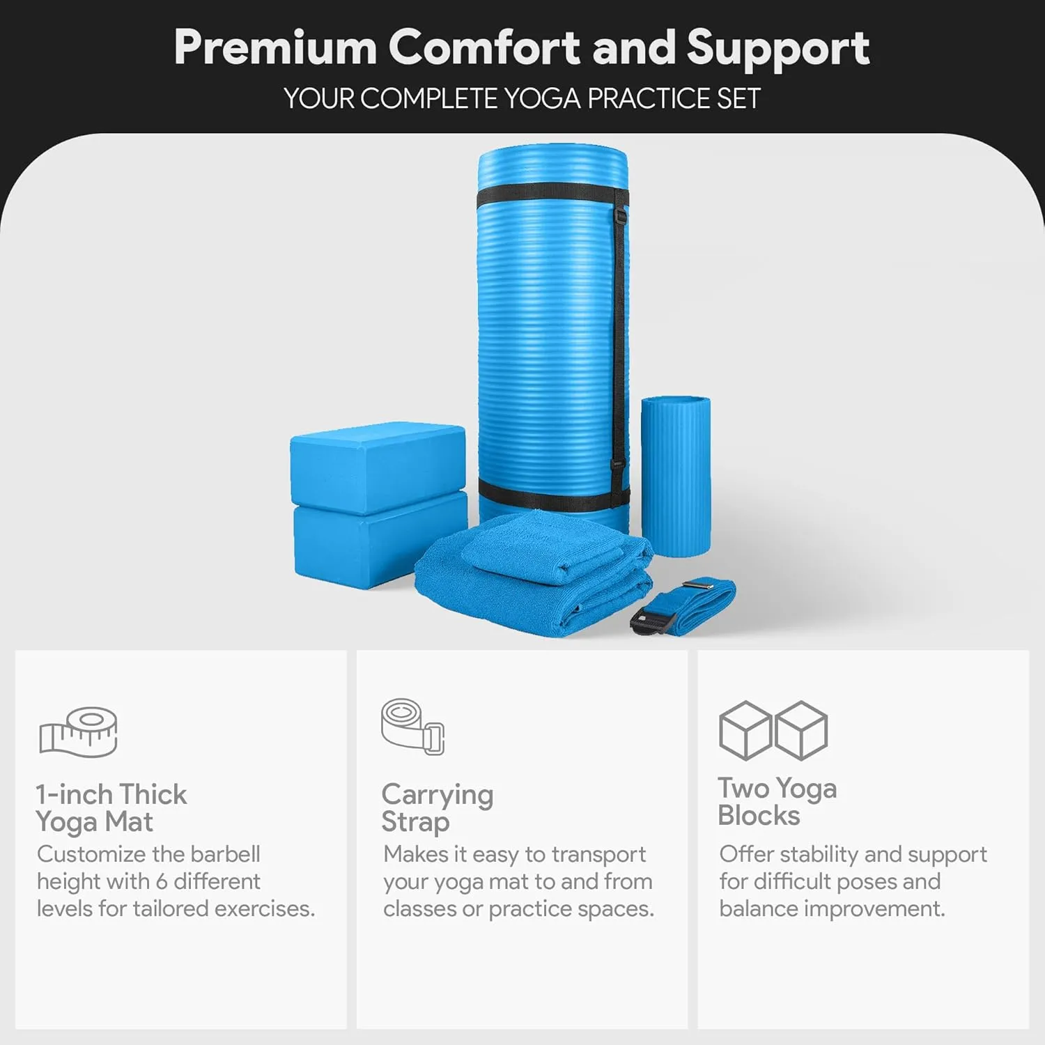 BalanceFrom Fitness 7-Piece Home Gym Yoga Set with 1-Inch Thick Yoga Mat, 2 Yoga Blocks, Mat Towel, Hand Towel, Stretch Strap & Knee Pad, Blue