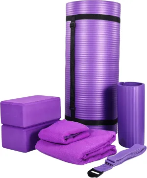 BalanceFrom Fitness 7-Piece Home Gym Yoga Set with 1-Inch Thick Yoga Mat, 2 Yoga Blocks, Mat Towel, Hand Towel, Stretch Strap & Knee Pad, Blue
