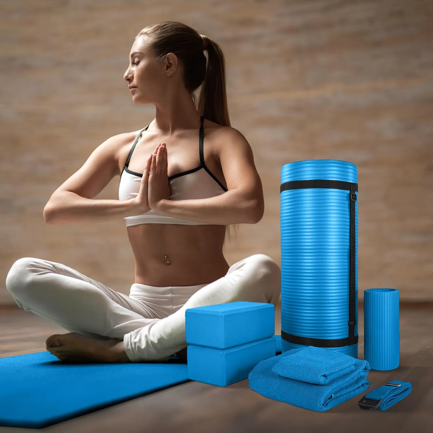 BalanceFrom Fitness 7-Piece Home Gym Yoga Set with 1-Inch Thick Yoga Mat, 2 Yoga Blocks, Mat Towel, Hand Towel, Stretch Strap & Knee Pad, Blue