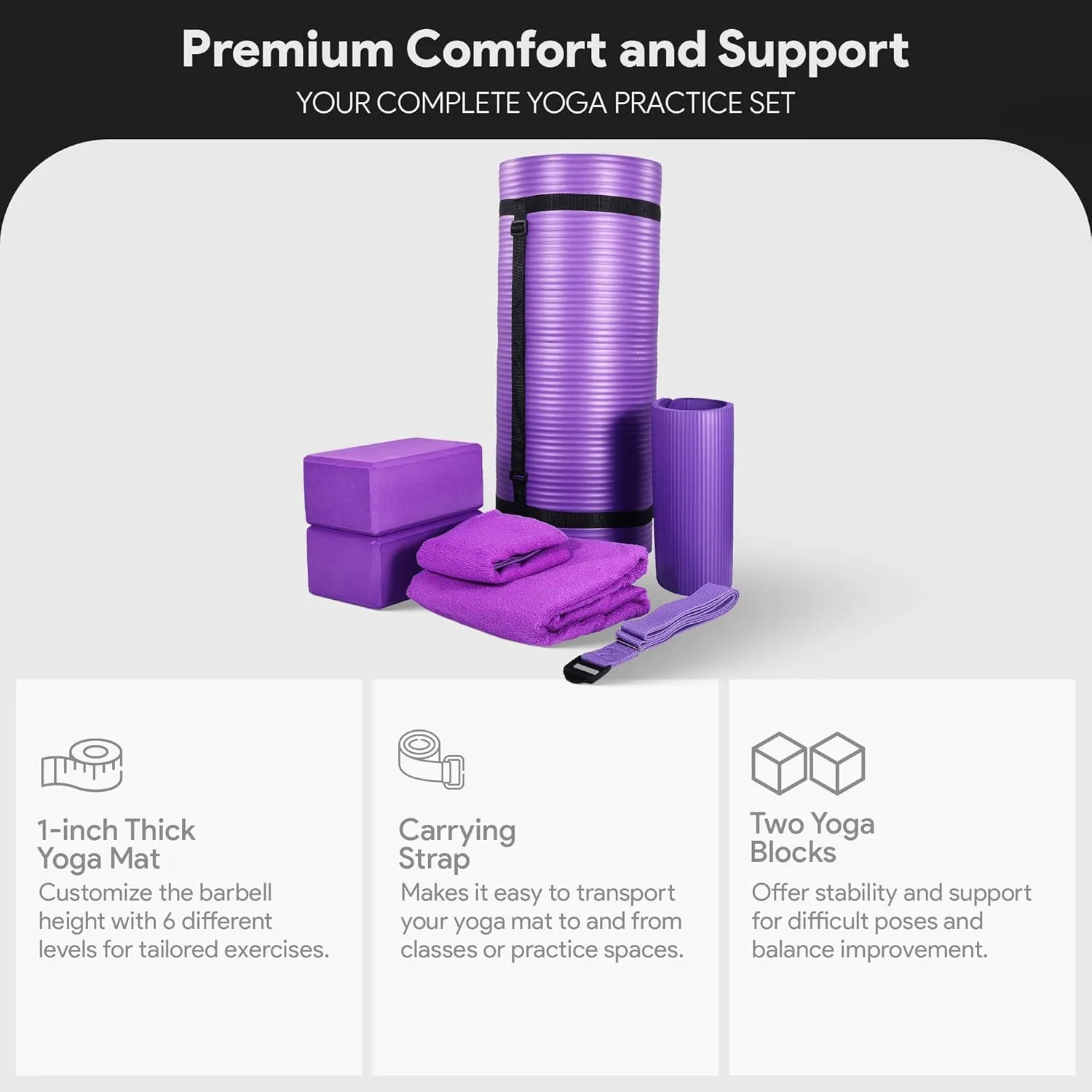 BalanceFrom Fitness 7-Piece Home Gym Yoga Set with 1-Inch Thick Yoga Mat, 2 Yoga Blocks, Mat Towel, Hand Towel, Stretch Strap & Knee Pad, Blue