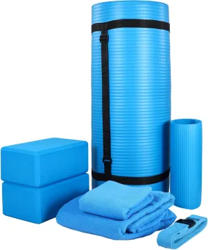 BalanceFrom Fitness 7-Piece Home Gym Yoga Set with 1-Inch Thick Yoga Mat, 2 Yoga Blocks, Mat Towel, Hand Towel, Stretch Strap & Knee Pad, Blue