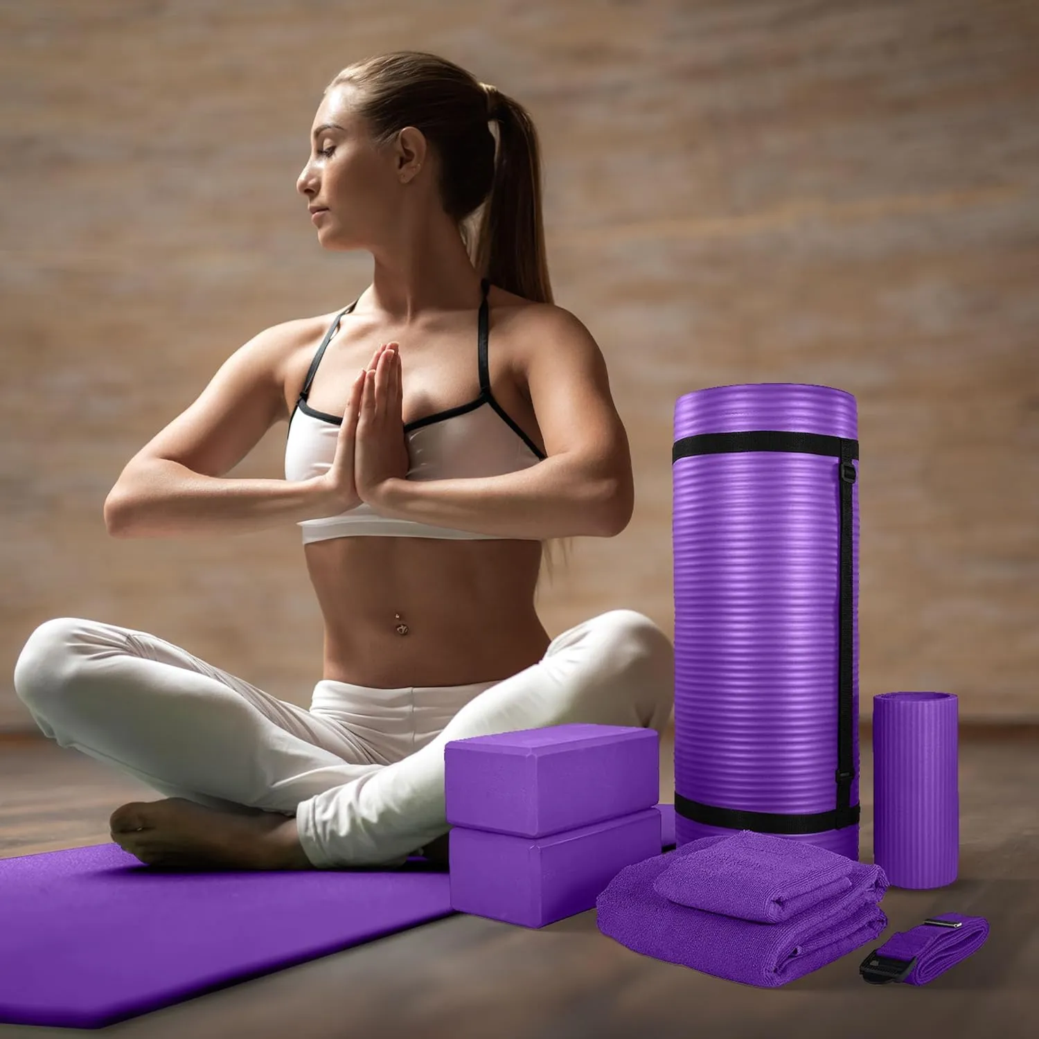 BalanceFrom Fitness 7-Piece Home Gym Yoga Set with 1-Inch Thick Yoga Mat, 2 Yoga Blocks, Mat Towel, Hand Towel, Stretch Strap & Knee Pad, Blue