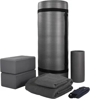 BalanceFrom Fitness 7-Piece Home Gym Yoga Set with 1-Inch Thick Yoga Mat, 2 Yoga Blocks, Mat Towel, Hand Towel, Stretch Strap & Knee Pad, Blue