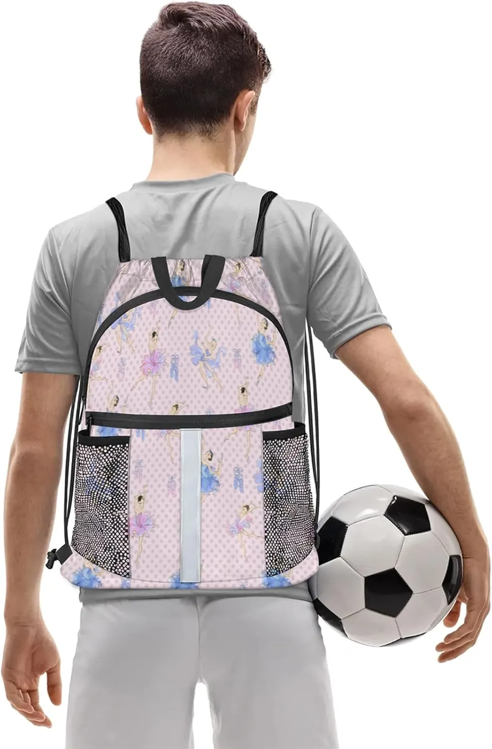 Ballet Drawstring Backpack String Bag, Waterproof Sports Gym Swim Sackpack with Mesh Pocket for Men Women