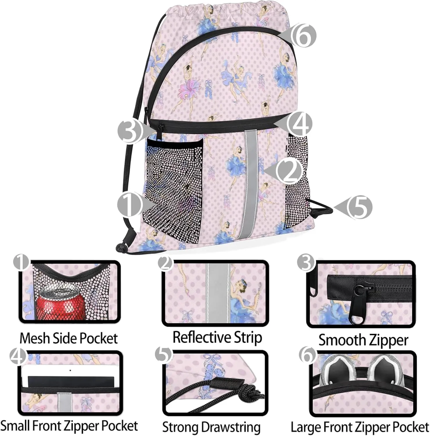 Ballet Drawstring Backpack String Bag, Waterproof Sports Gym Swim Sackpack with Mesh Pocket for Men Women