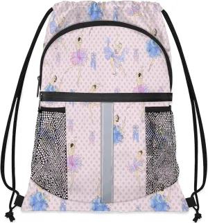 Ballet Drawstring Backpack String Bag, Waterproof Sports Gym Swim Sackpack with Mesh Pocket for Men Women
