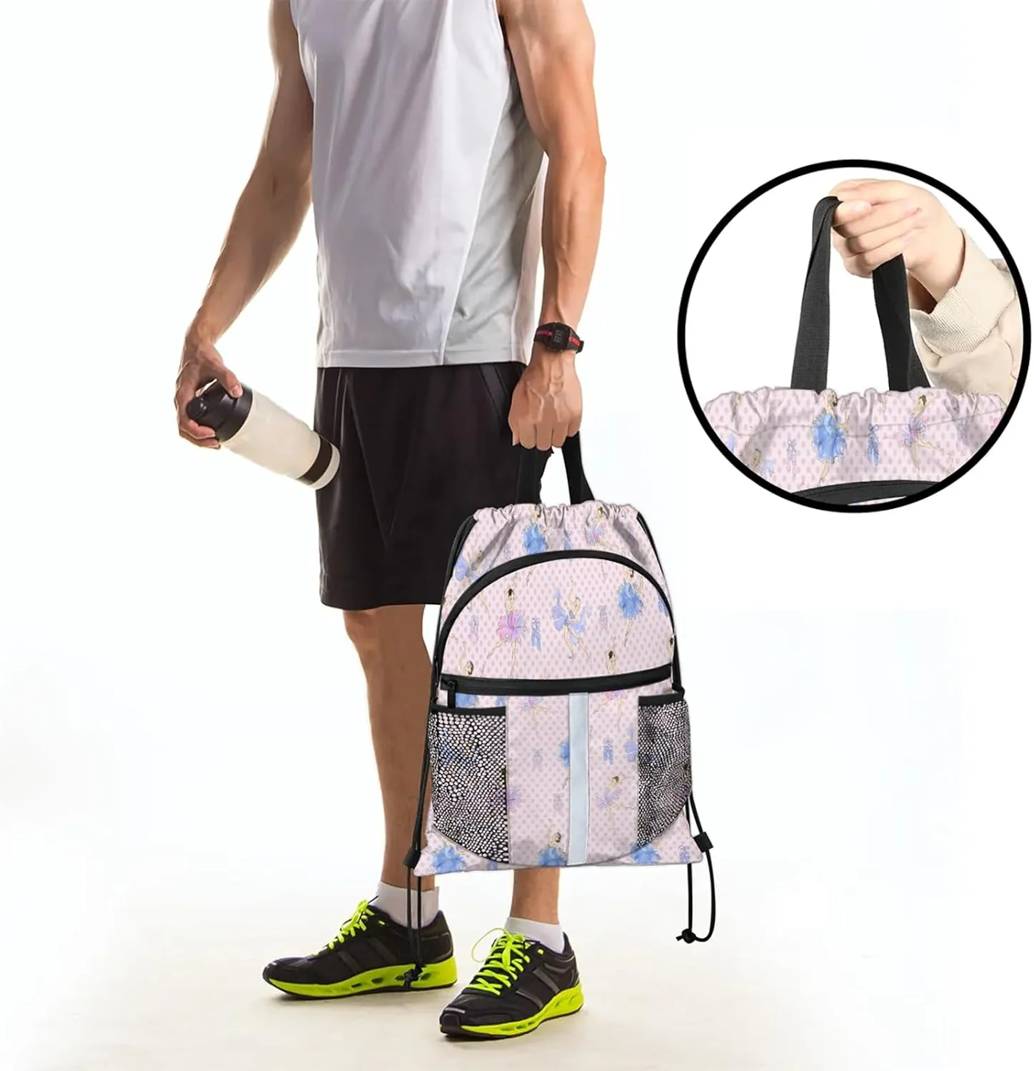 Ballet Drawstring Backpack String Bag, Waterproof Sports Gym Swim Sackpack with Mesh Pocket for Men Women