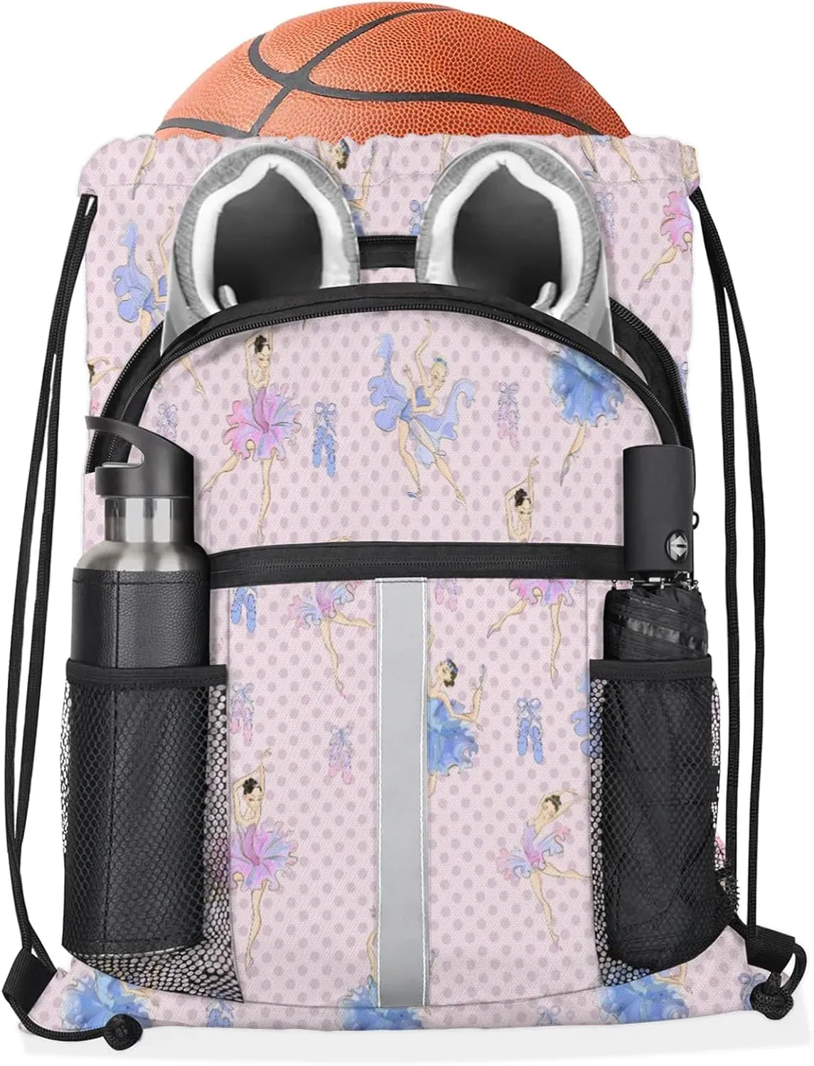 Ballet Drawstring Backpack String Bag, Waterproof Sports Gym Swim Sackpack with Mesh Pocket for Men Women