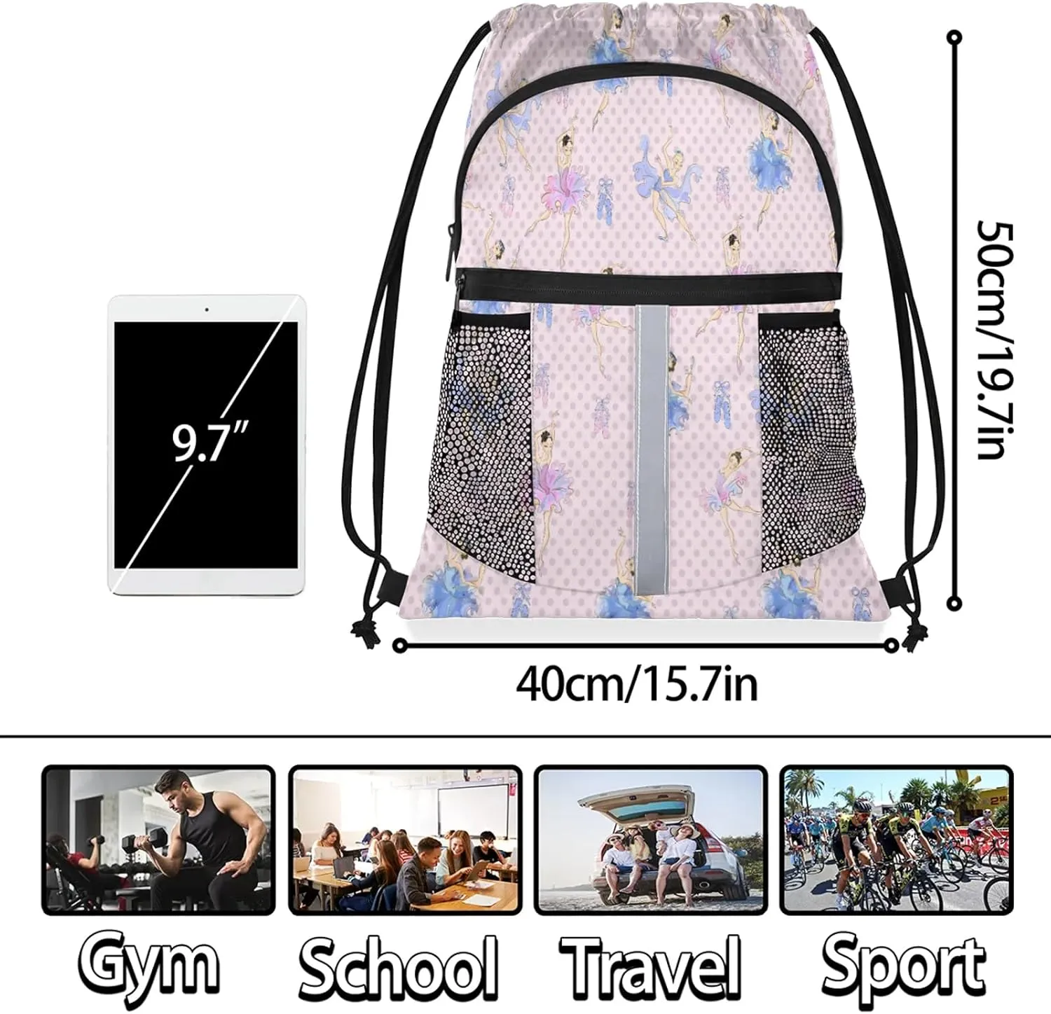 Ballet Drawstring Backpack String Bag, Waterproof Sports Gym Swim Sackpack with Mesh Pocket for Men Women