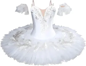 Ballet Leotards for Girls,Swan Lake Performance Costume Dance Leotard,White Feather Hem Dancewear Tutu Ballet Dress