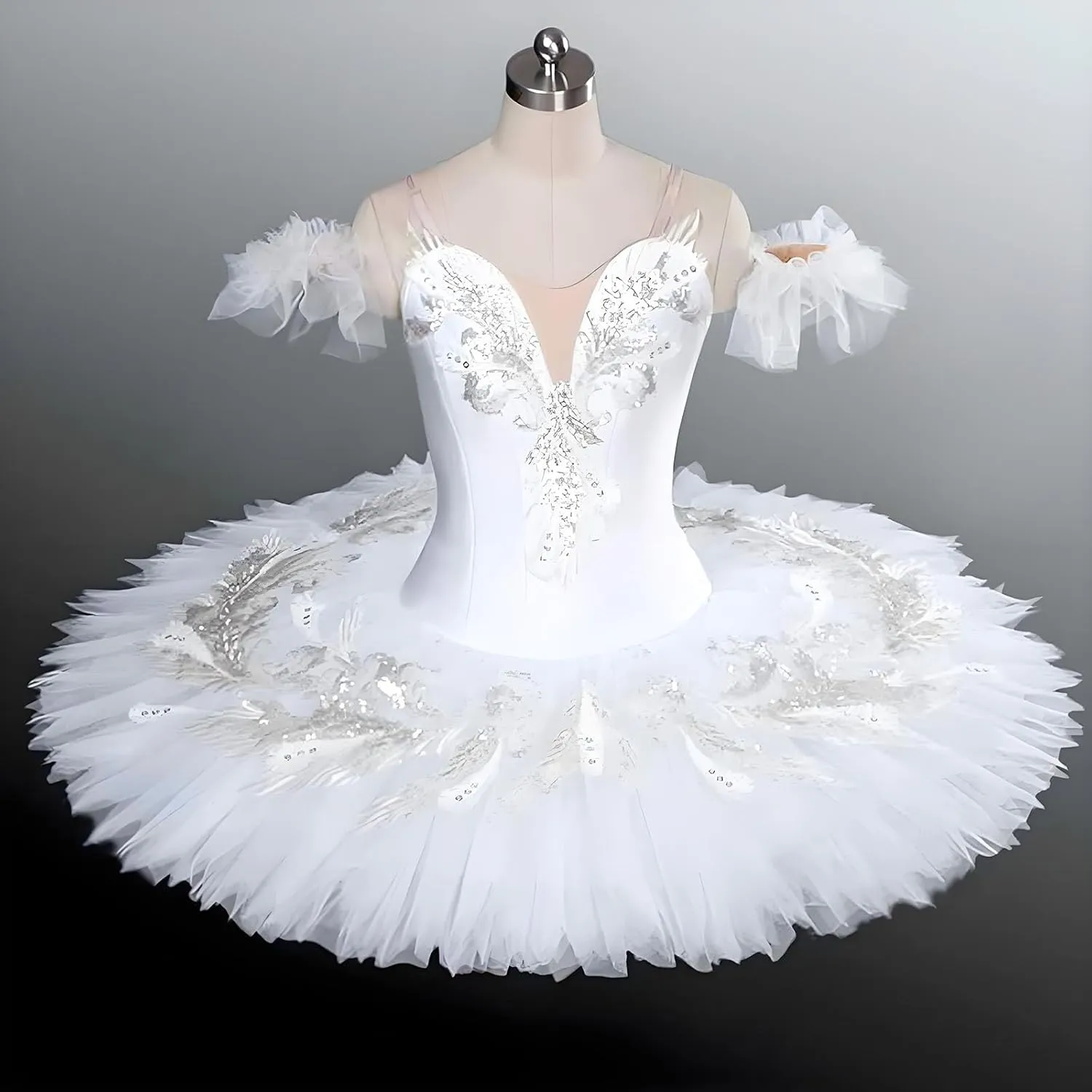 Ballet Leotards for Girls,Swan Lake Performance Costume Dance Leotard,White Feather Hem Dancewear Tutu Ballet Dress