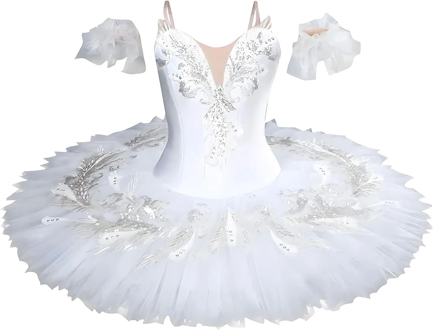 Ballet Leotards for Girls,Swan Lake Performance Costume Dance Leotard,White Feather Hem Dancewear Tutu Ballet Dress