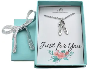 Ballet Slipper Necklace on a 16 Inch Stainless Steel Cable Chain with 2 Inch Extender. Dance Gifts for Girls. Silver Ballerina Slippers. Girls Ballet Necklace