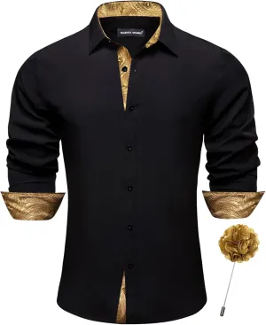 Barry.Wang Men's Dress Shirts Checkered Paisley Collar Cuff Contrast Button Down Long Sleeve Formal Casual Shirt Western