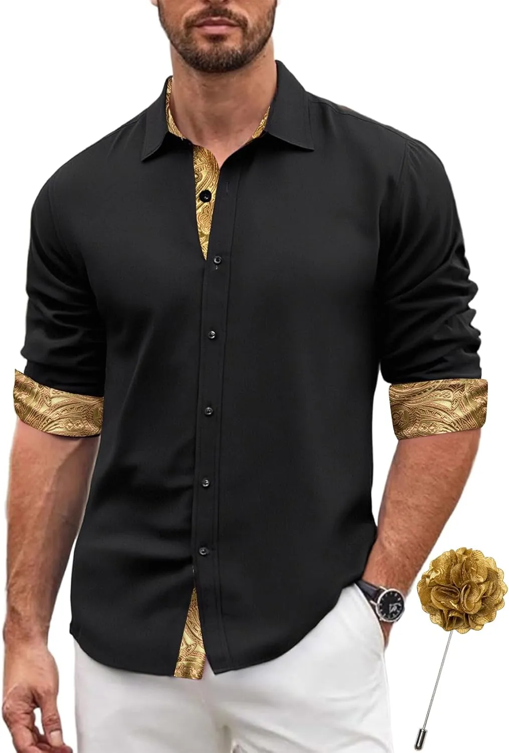 Barry.Wang Men's Dress Shirts Checkered Paisley Collar Cuff Contrast Button Down Long Sleeve Formal Casual Shirt Western
