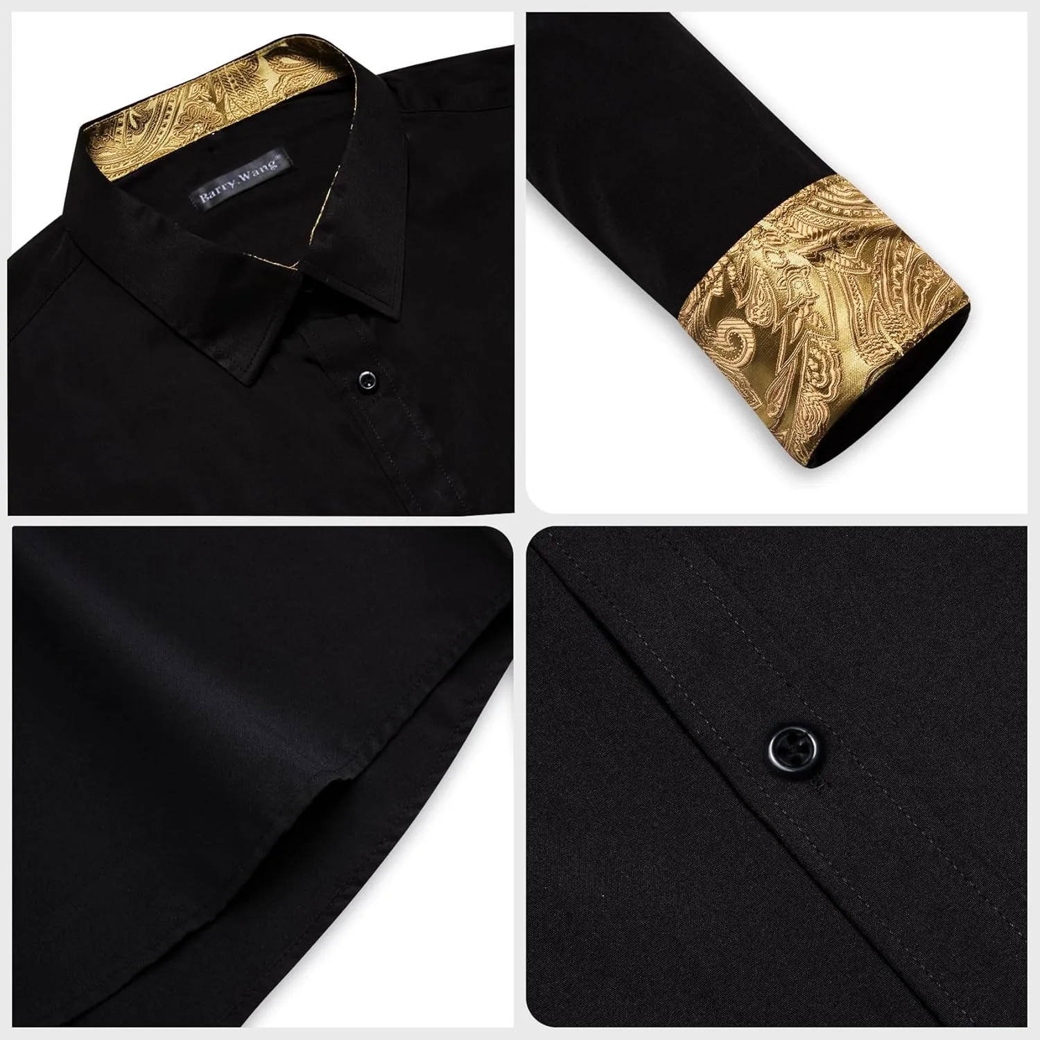 Barry.Wang Men's Dress Shirts Checkered Paisley Collar Cuff Contrast Button Down Long Sleeve Formal Casual Shirt Western
