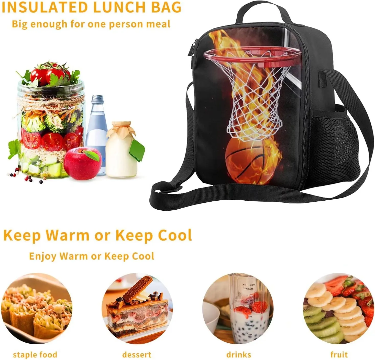 Basketball Lunch Bag for Boys, Insulated Lunch Bag for Adult Teens Girls, Reusable Portable Lunch Box Cooler Tote Waterproof Lunch Container for School Office Picnic