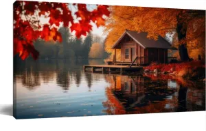 Bathroom Wall Art Decor for Bedroom Living Room Small Canvas Wall Art Framed Riverside Refuge: Autumnal Fishing Cabin Scene Prints Artwork Painting Pictures Kitchen Office