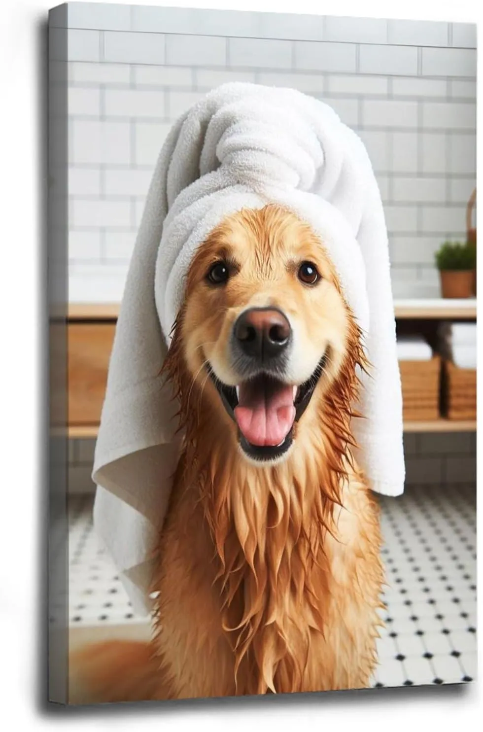Bathroom wall decor Golden Retriever with Towel on Head Bathroom Towel Poster Print Golden Retriever Bath Funny Dog Bath Shower Picture Bathroom Humor 8x12in Wood Framed