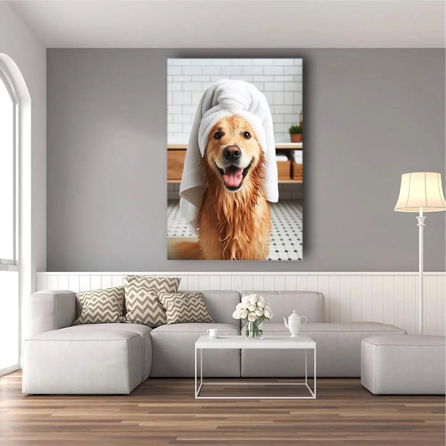 Bathroom wall decor Golden Retriever with Towel on Head Bathroom Towel Poster Print Golden Retriever Bath Funny Dog Bath Shower Picture Bathroom Humor 8x12in Wood Framed