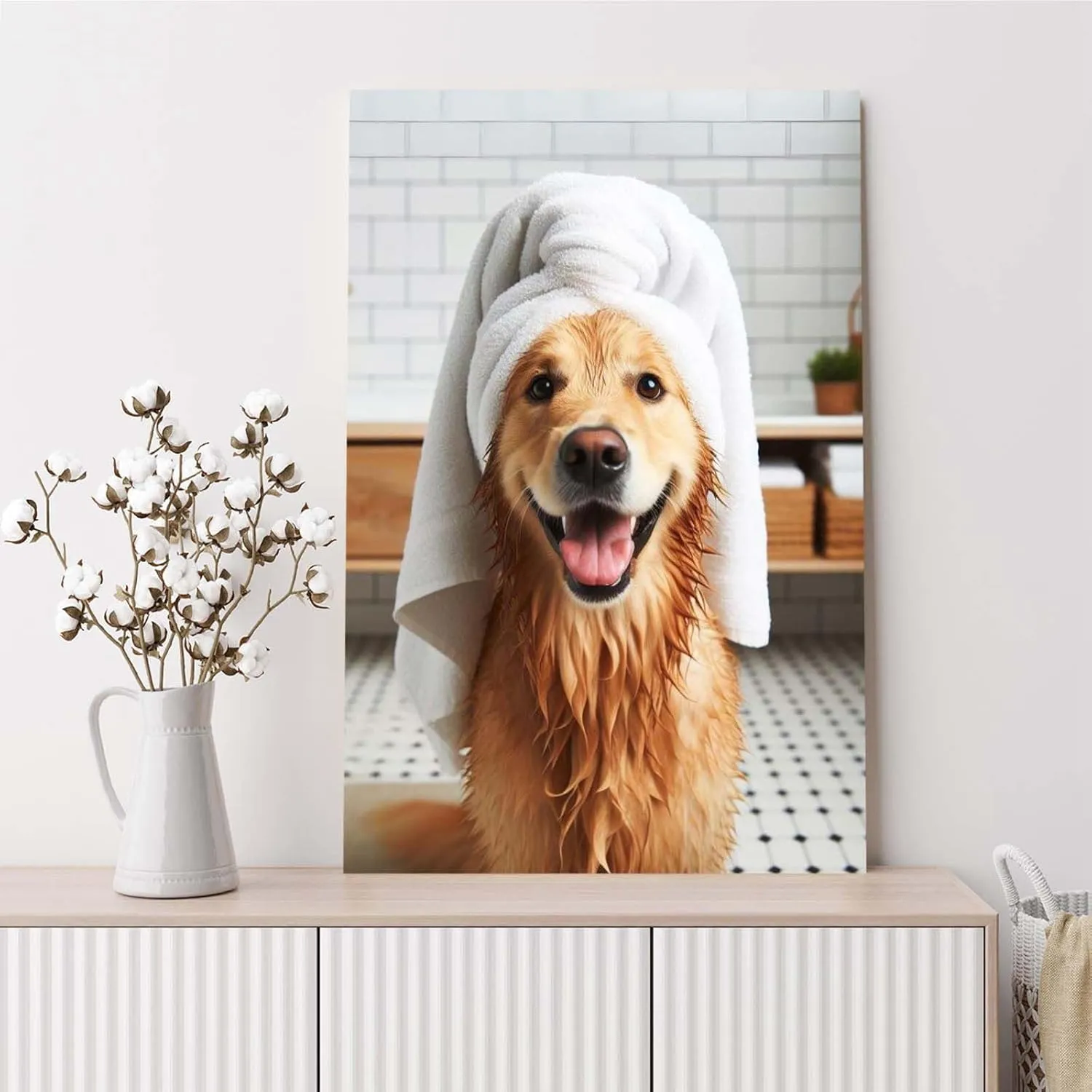 Bathroom wall decor Golden Retriever with Towel on Head Bathroom Towel Poster Print Golden Retriever Bath Funny Dog Bath Shower Picture Bathroom Humor 8x12in Wood Framed