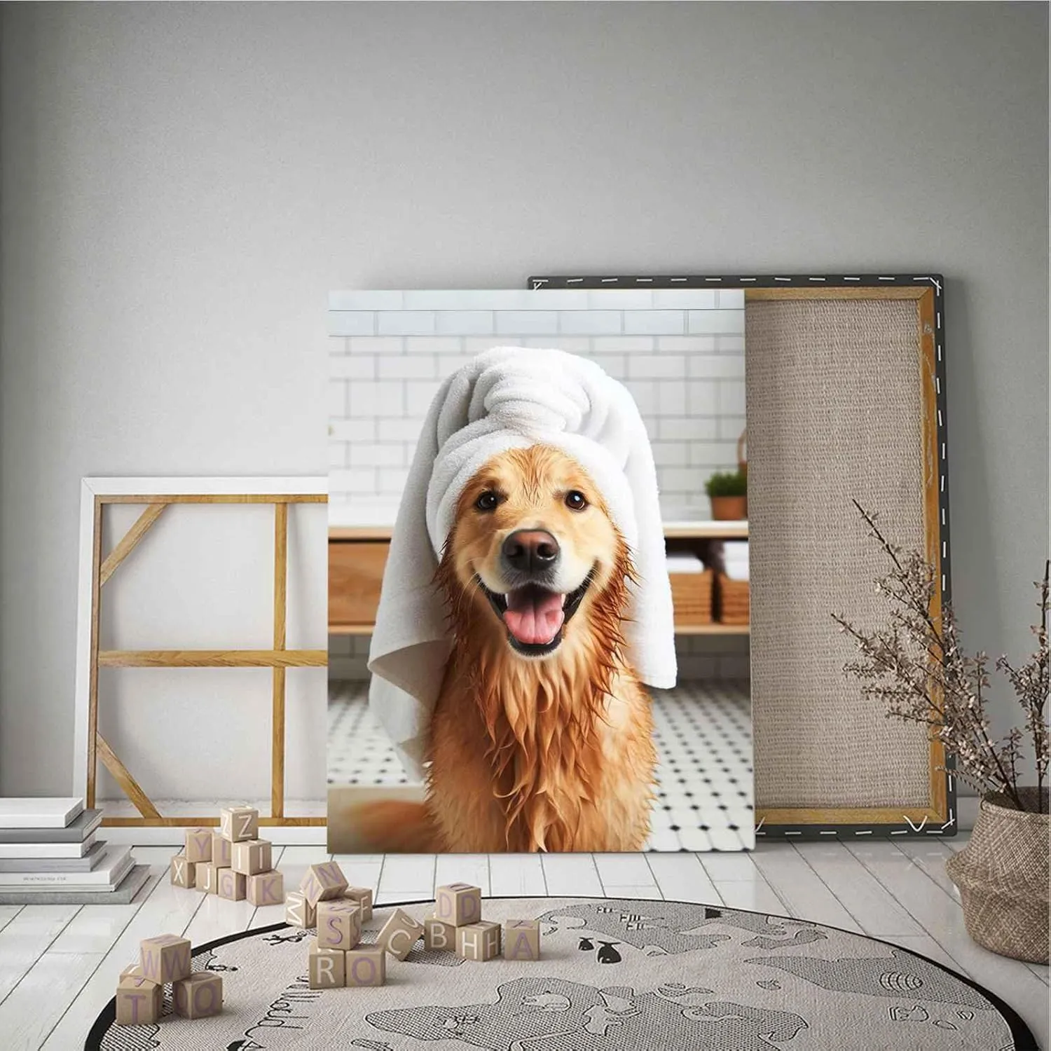 Bathroom wall decor Golden Retriever with Towel on Head Bathroom Towel Poster Print Golden Retriever Bath Funny Dog Bath Shower Picture Bathroom Humor 8x12in Wood Framed