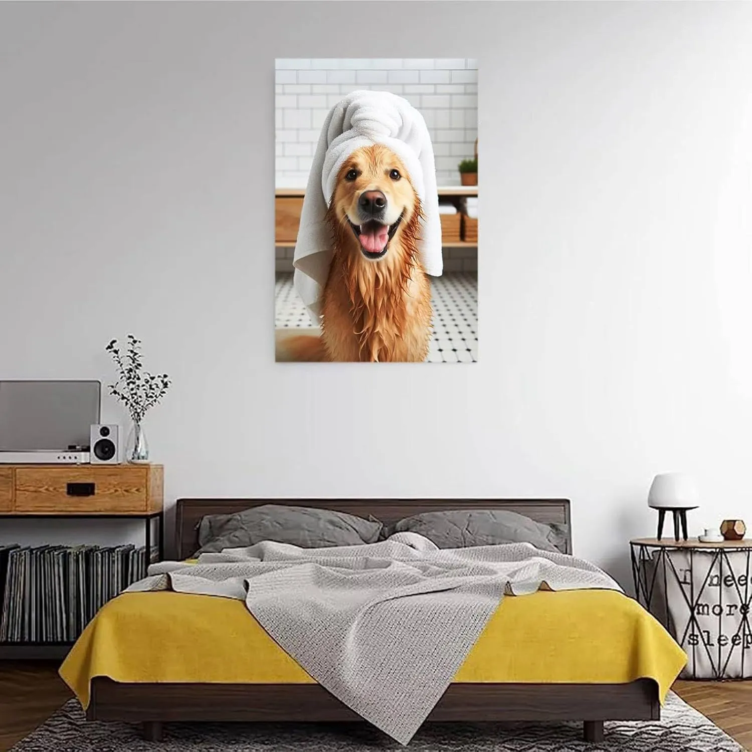 Bathroom wall decor Golden Retriever with Towel on Head Bathroom Towel Poster Print Golden Retriever Bath Funny Dog Bath Shower Picture Bathroom Humor 8x12in Wood Framed